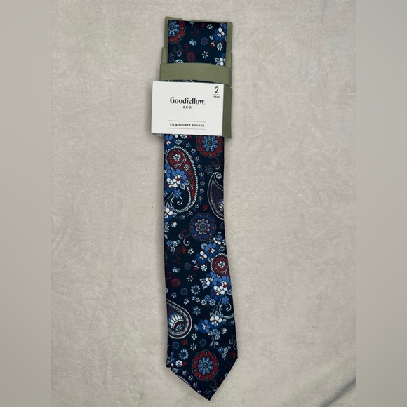 Good fellow & Co Men's Red Blue Tie & pocket square One Size - Picture 1 of 8